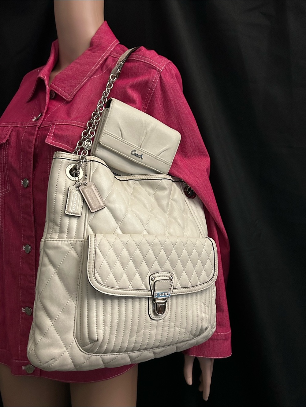 Coach Quilted White Shoulder Tote Bag with Chain Straps & Wallet